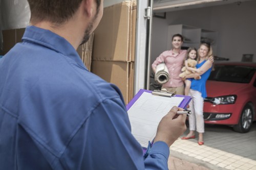 Office furniture and equipment prepared for a business move in Bow